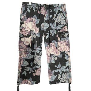 Lucky Brand Women Size 2/26 100% Cotton Y2K Black Floral Crop Cargo Utility Pant